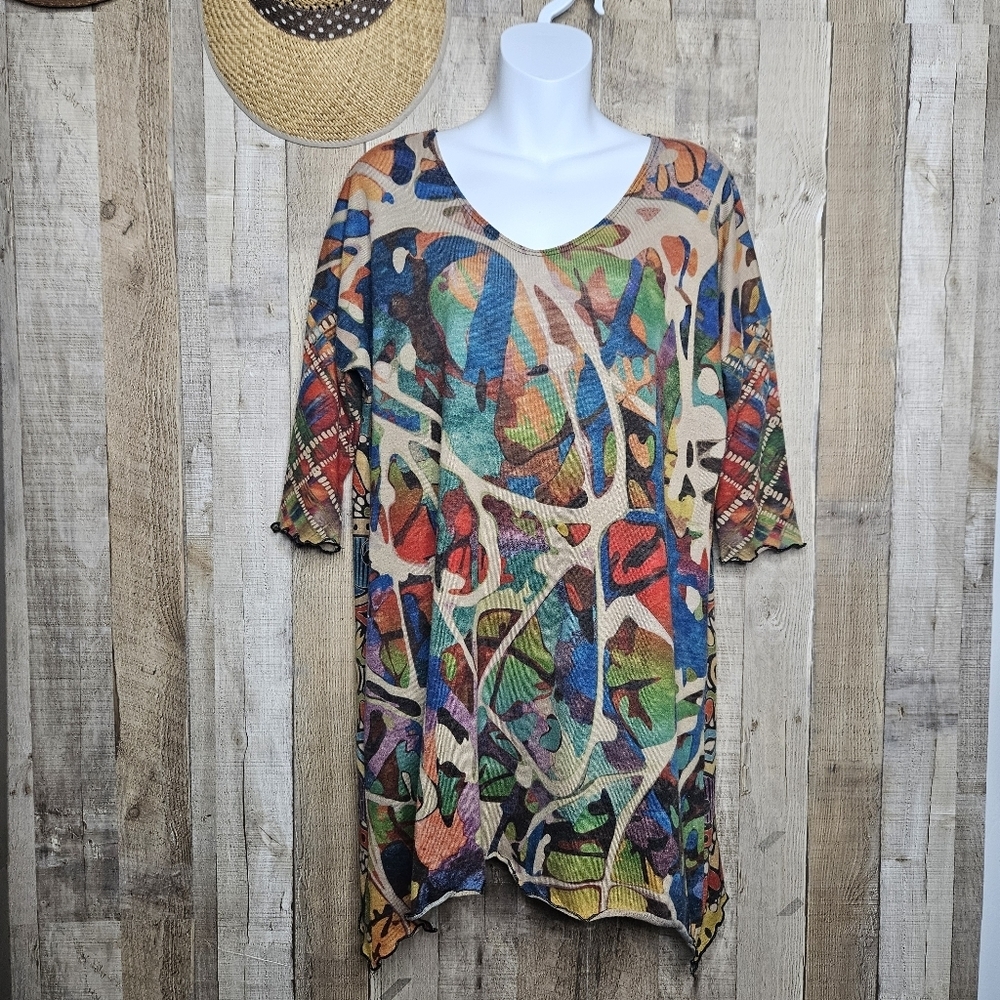Amma Designs Pullover 3/4 Sleeve Multicolor Artwear V-neck Tunic Size Small USA